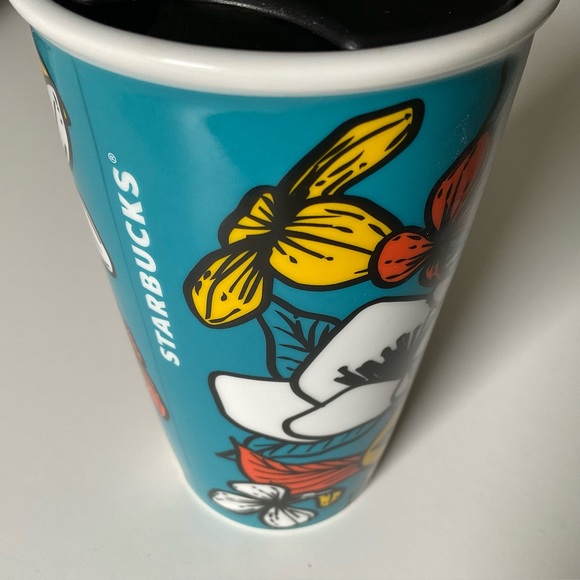 STARBUCKS Ceramic Traveler Coffee Mug Tumbler 12 oz incl Lid Teal FLORAL Design - Picture 4 of 11